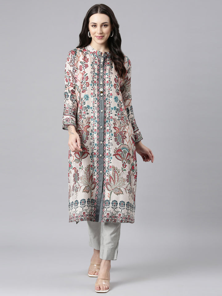 Neerus White floral printed straight kurta - detail view 2