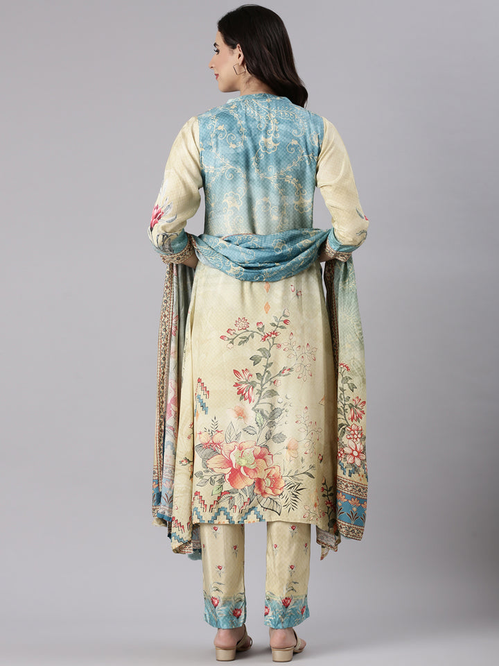 Cream Muslin Printed Three Piece Set