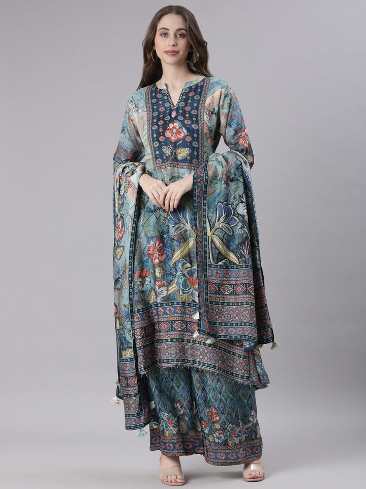 Neerus Blue Printed Straight Kurta and Trousers With Dupatta