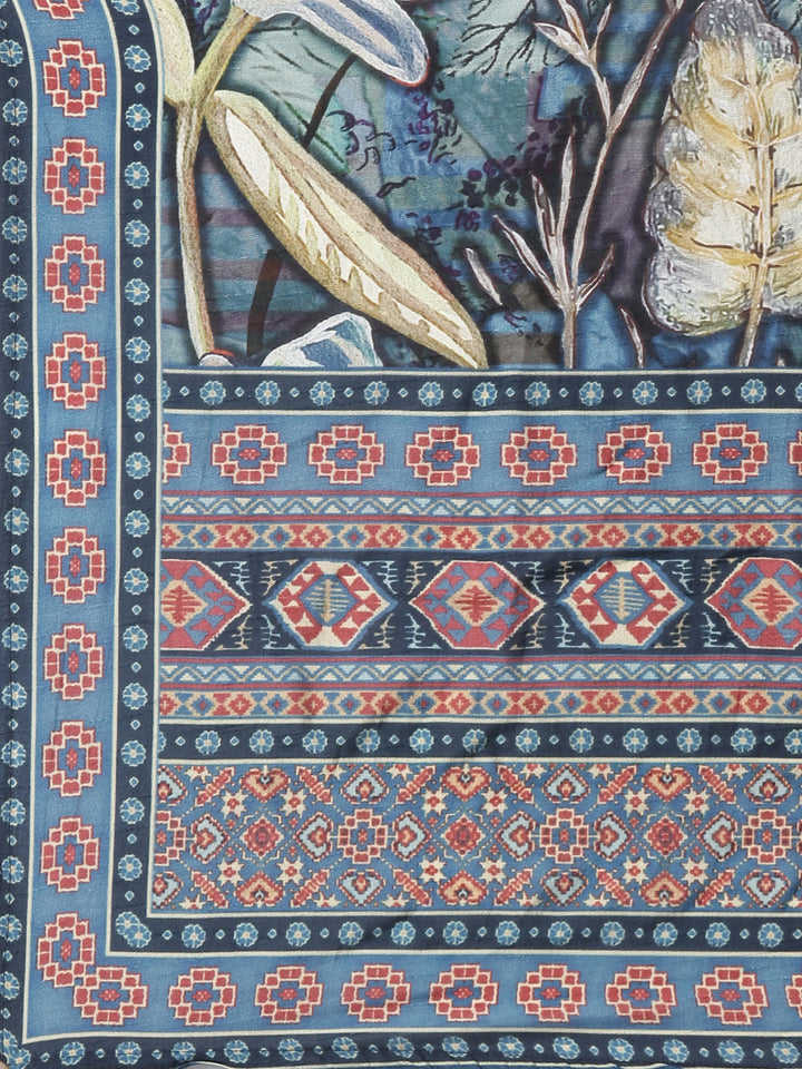 Neerus Blue Printed Straight Kurta and Trousers With Dupatta