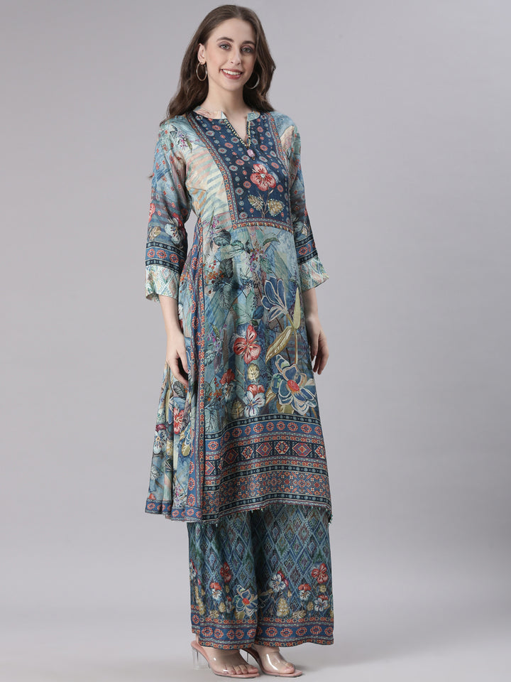 Neerus Blue Printed Straight Kurta and Trousers With Dupatta