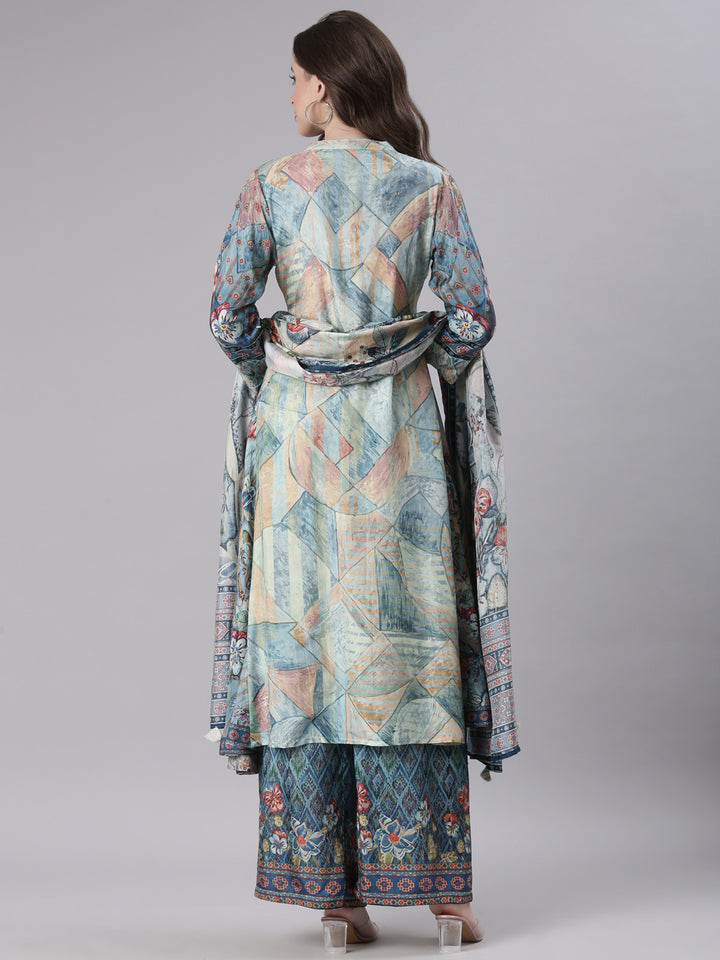 Neerus Blue Printed Straight Kurta and Trousers With Dupatta
