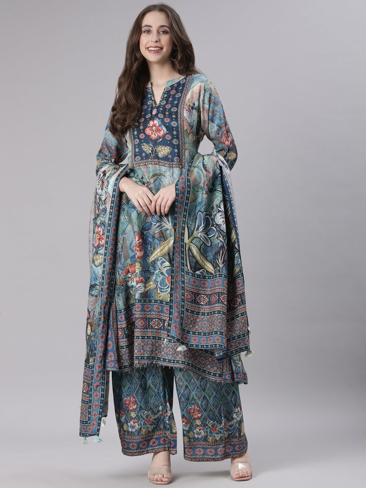 Neerus Blue Printed Straight Kurta and Trousers With Dupatta