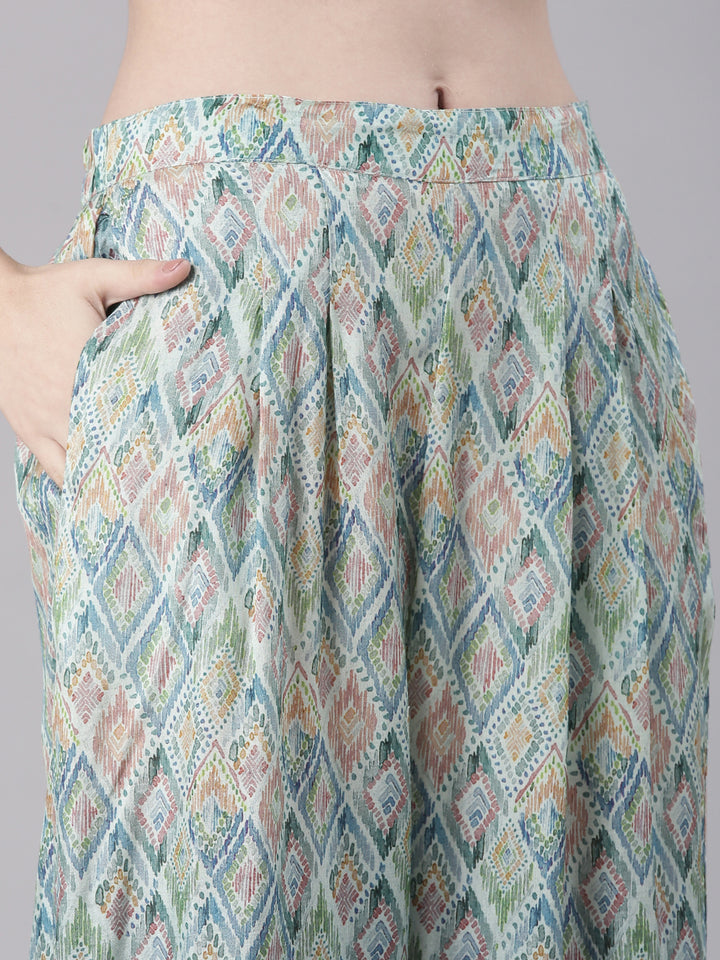 Neerus Blue Printed Straight Kurta and Trousers With Dupatta