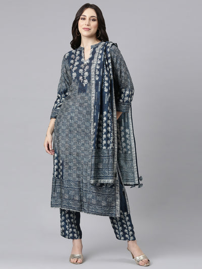Neerus Blue Panelled Straight Kurta and Trousers With Dupatta