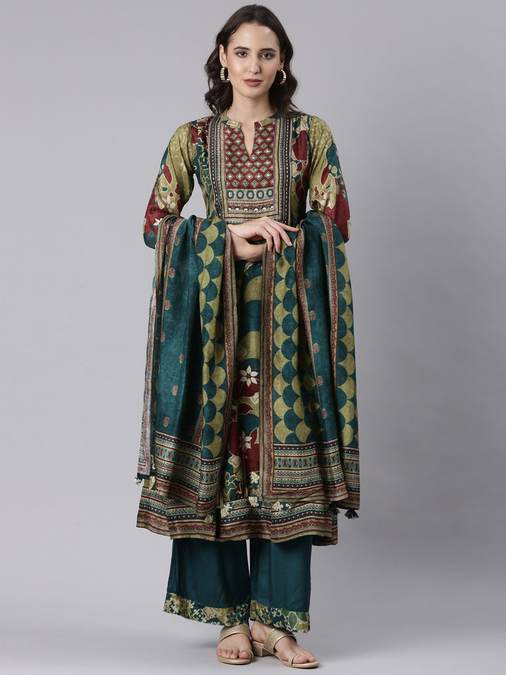 Rama Green Modal Chanderi Ajrakh Print Three Piece Set