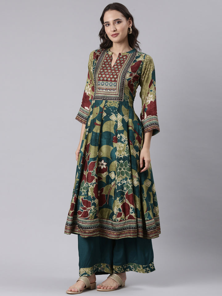 Rama Green Modal Chanderi Ajrakh Print Three Piece Set