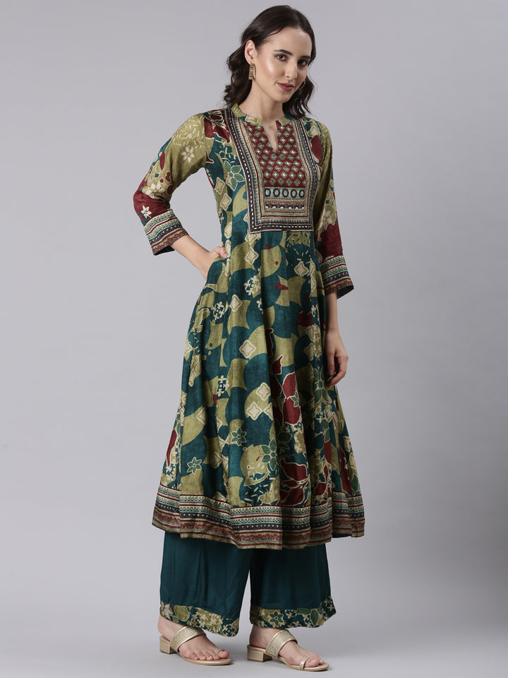 Rama Green Modal Chanderi Ajrakh Print Three Piece Set