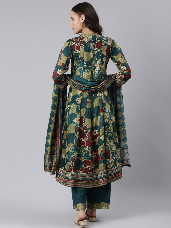 Rama Green Modal Chanderi Ajrakh Print Three Piece Set