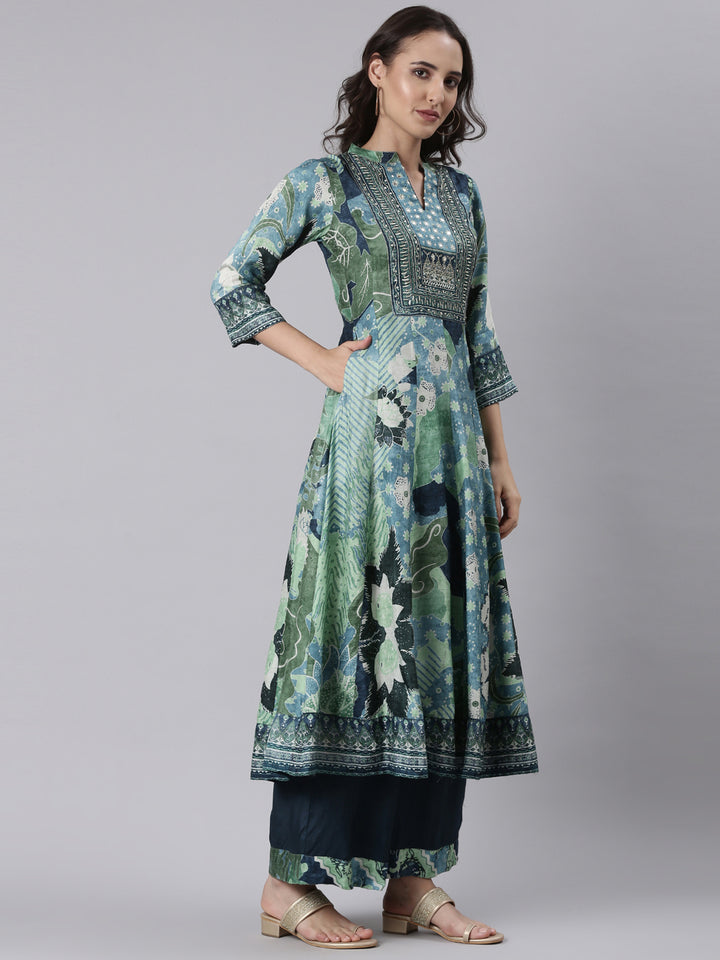 Blue Silk Printed Anarkali With Palazzo Three Piece Set
