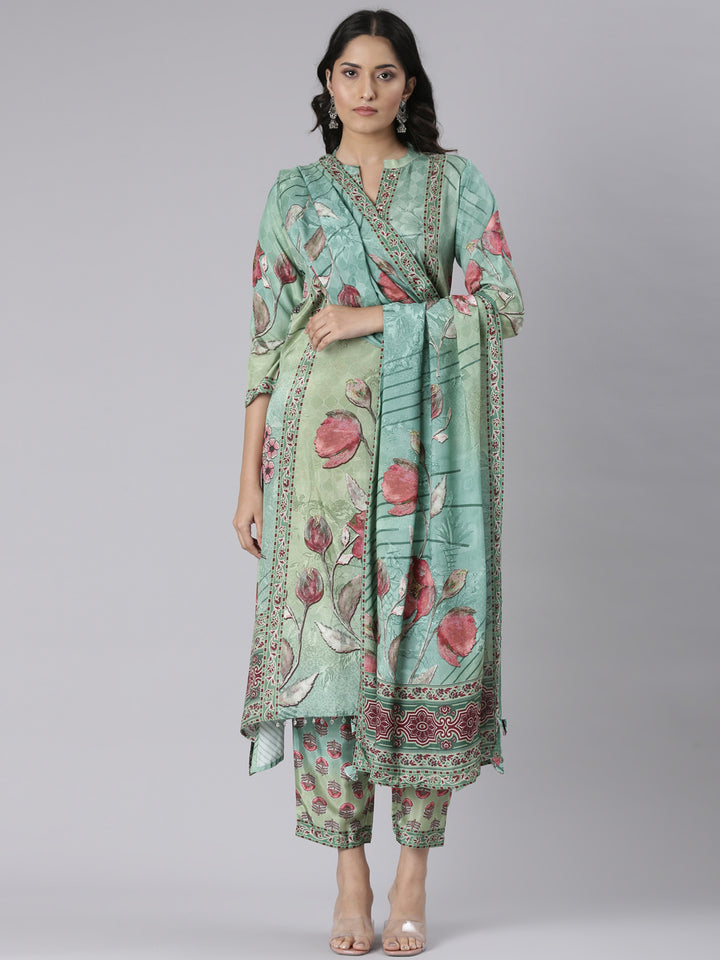 Neerus Green Printed Straight Kurta and Trousers With Dupatta