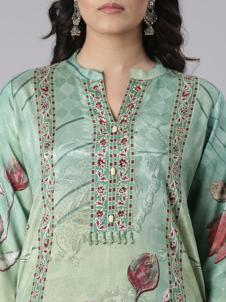 Neerus Green Printed Straight Kurta and Trousers With Dupatta