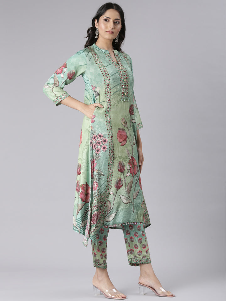 Neerus Green Printed Straight Kurta and Trousers With Dupatta