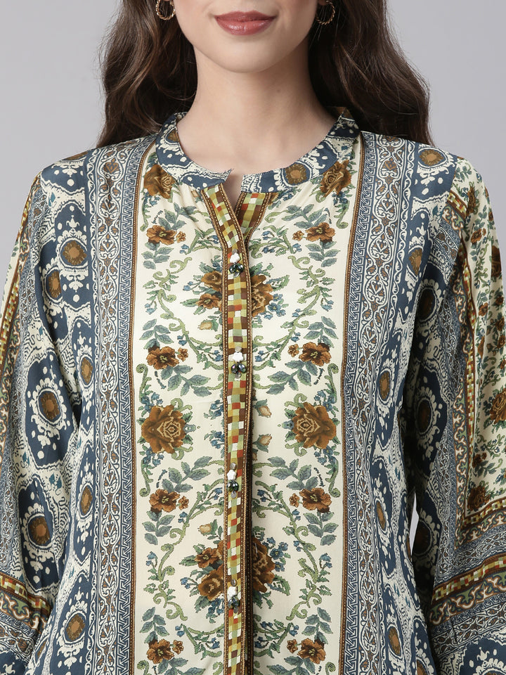 Neerus Blue Curved Floral Casual Kurti