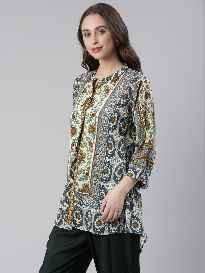 Neerus Blue Curved Floral Casual Kurti