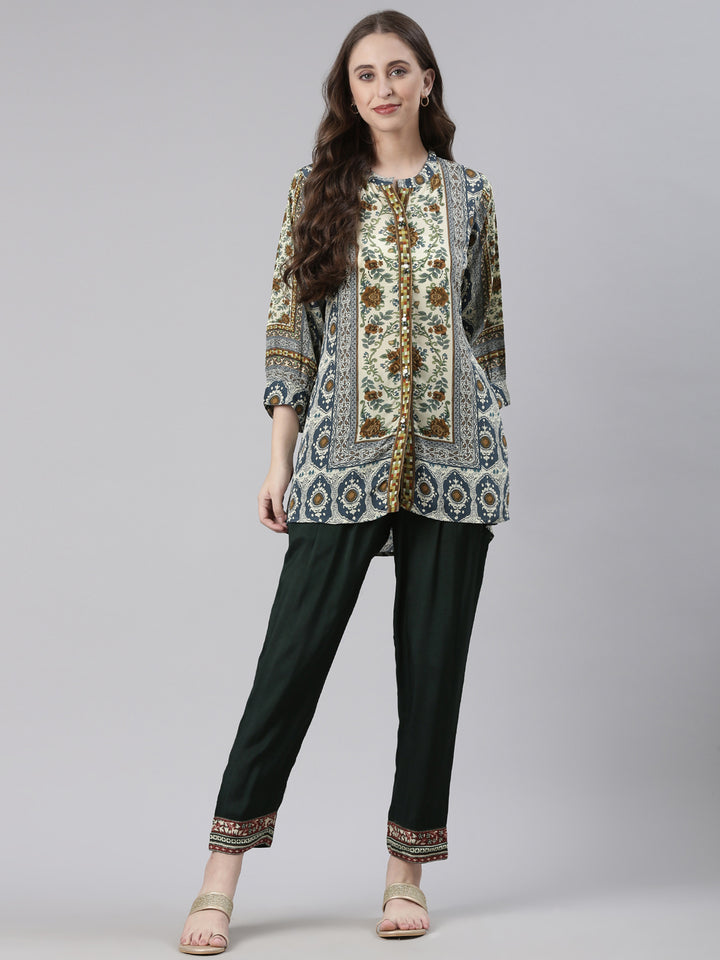 Neerus Blue Curved Floral Casual Kurti