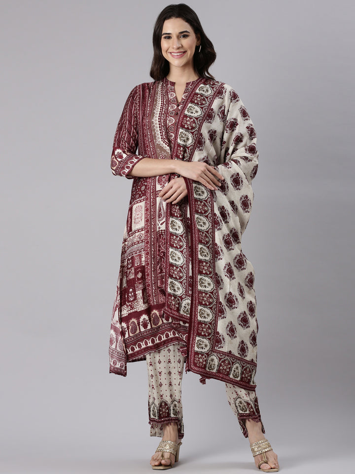 Wine Muslin Printed Three Piece Set