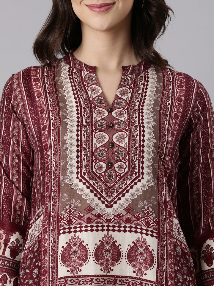 Wine Muslin Printed Three Piece Set