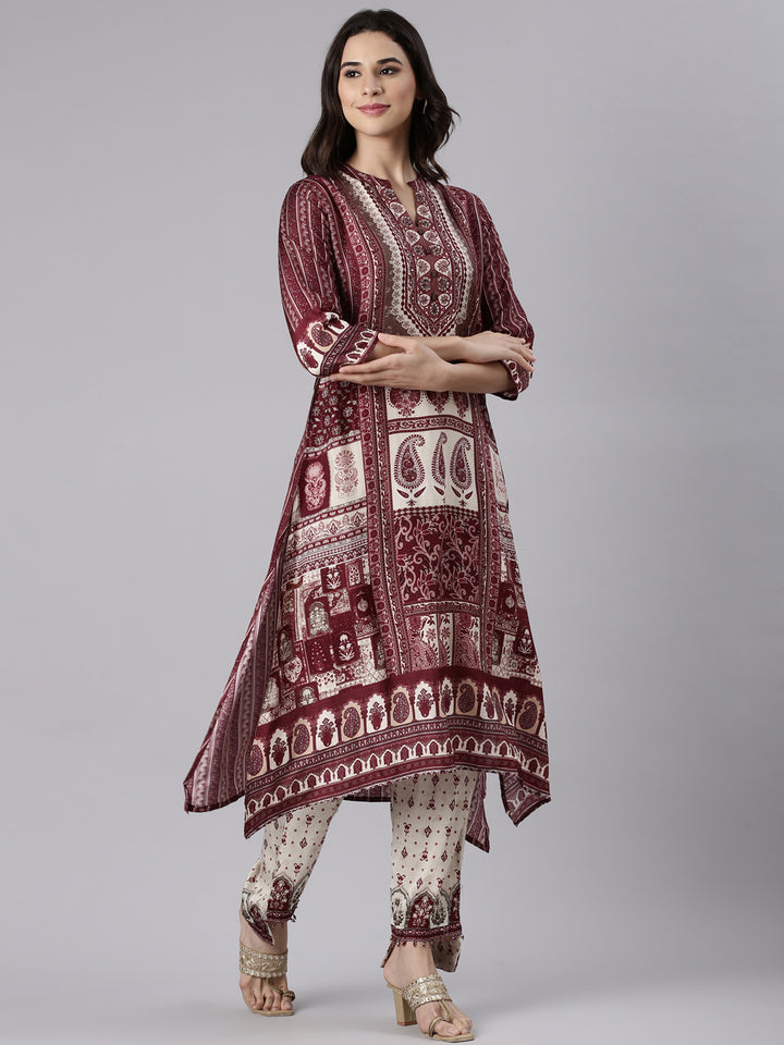 Wine Muslin Printed Three Piece Set