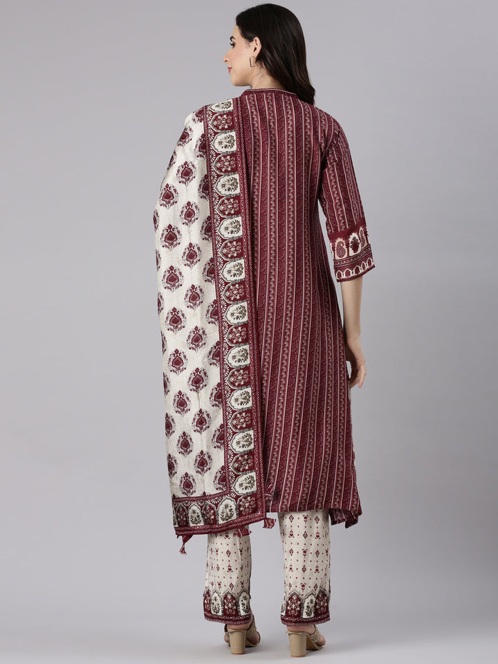 Wine Muslin Printed Three Piece Set