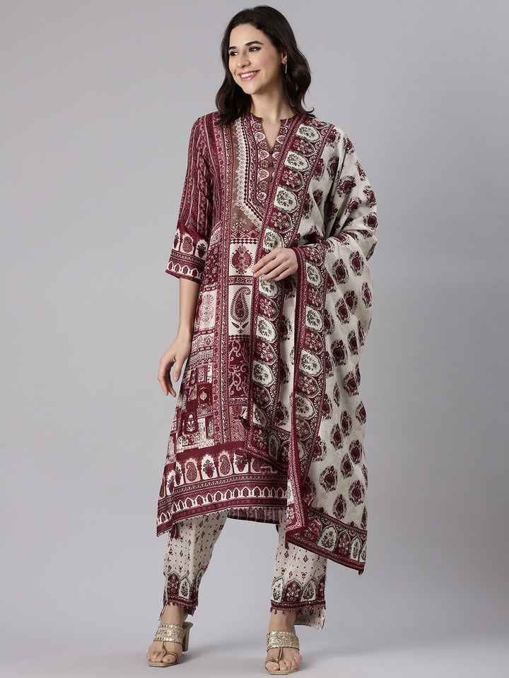 Wine Muslin Printed Three Piece Set