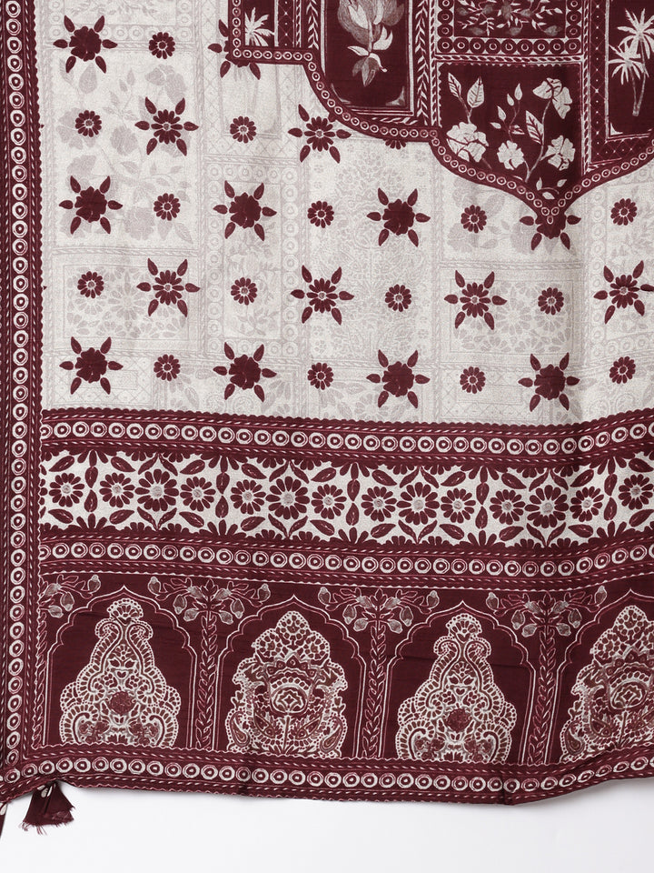 Wine Muslin Printed Three Piece Set