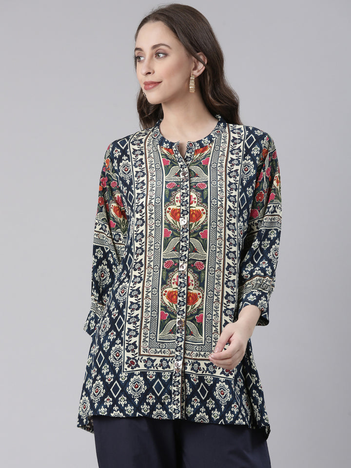 Neerus Navy Blue Curved Floral Casual Kurti