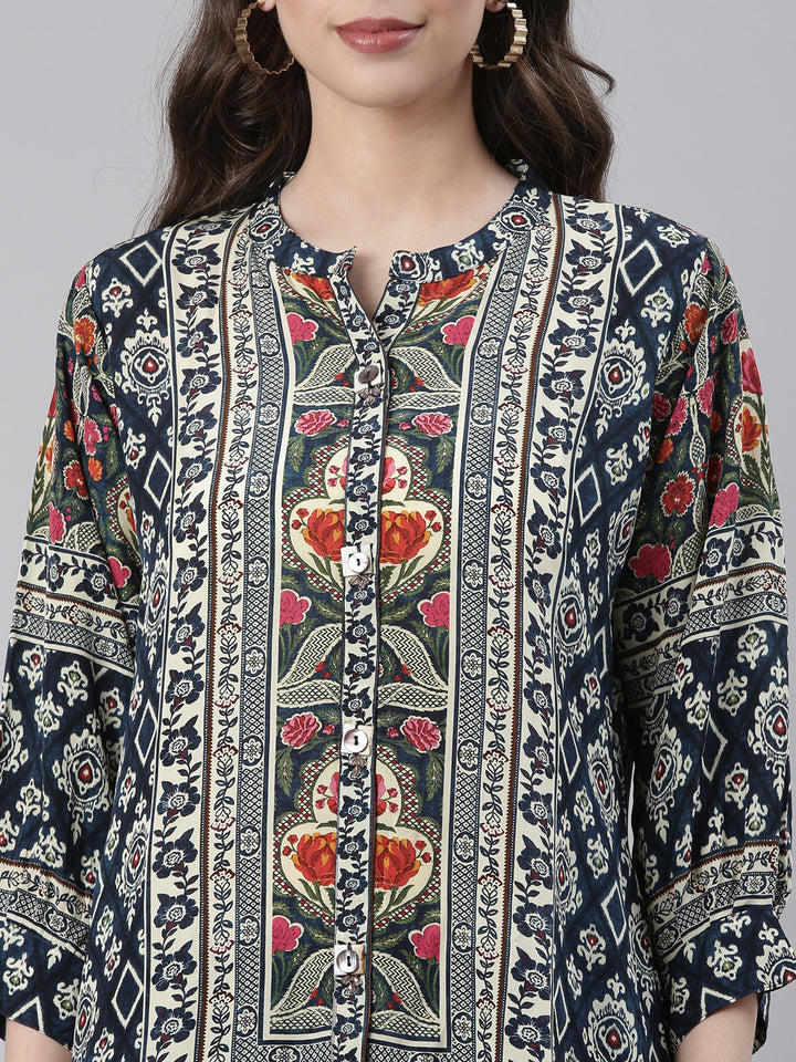 Neerus Navy Blue Curved Floral Casual Kurti