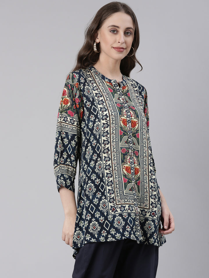 Neerus Navy Blue Curved Floral Casual Kurti