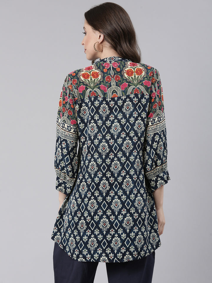 Neerus Navy Blue Curved Floral Casual Kurti