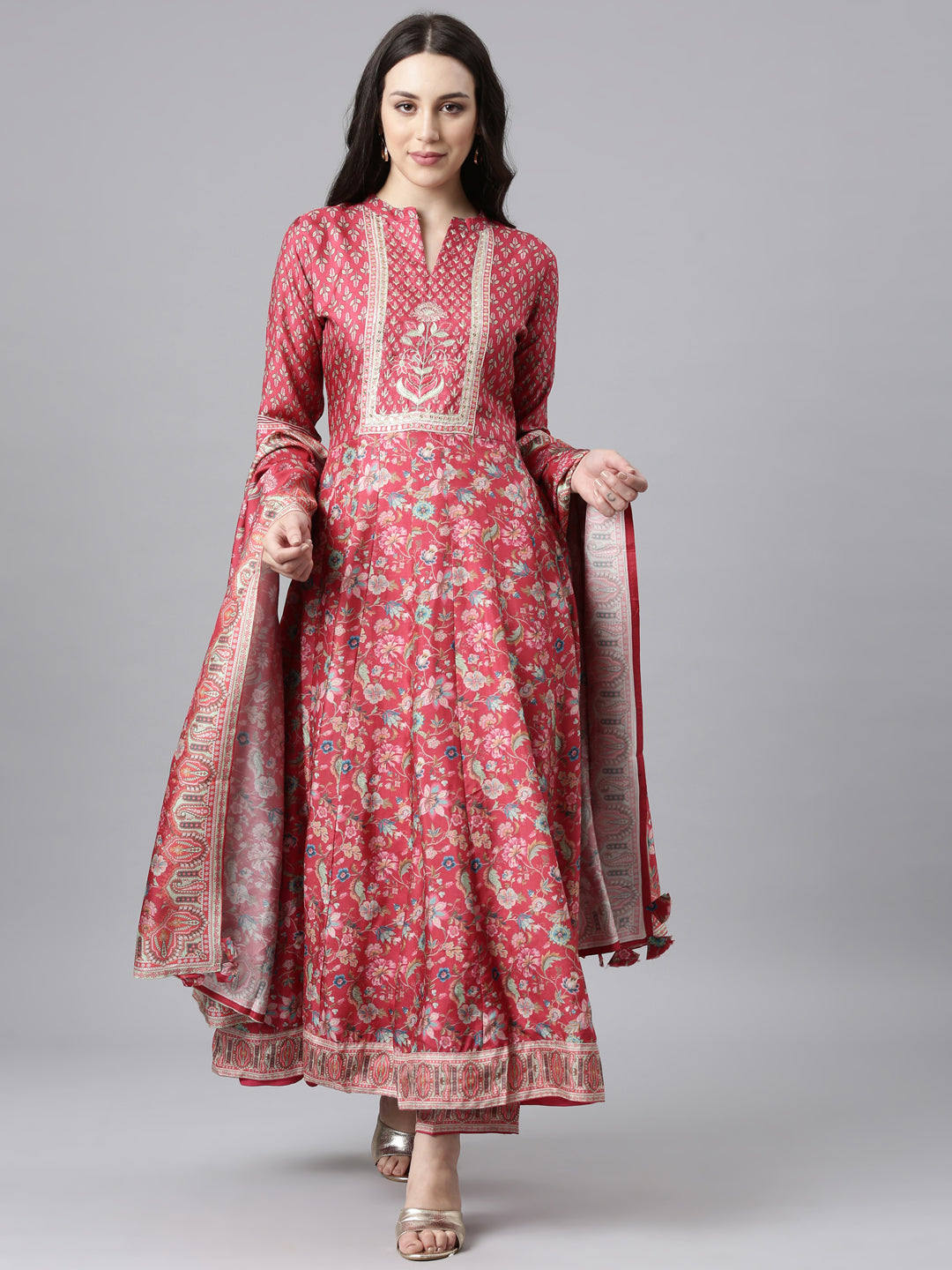 Neerus Pink raw silk anarkali suit set - front view