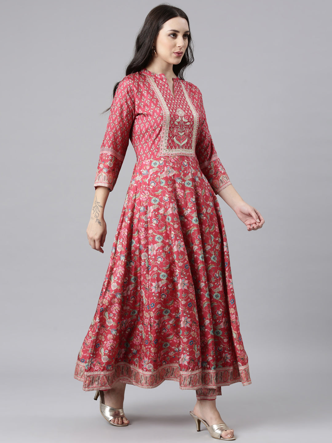 Neerus Pink raw silk anarkali suit set - back view