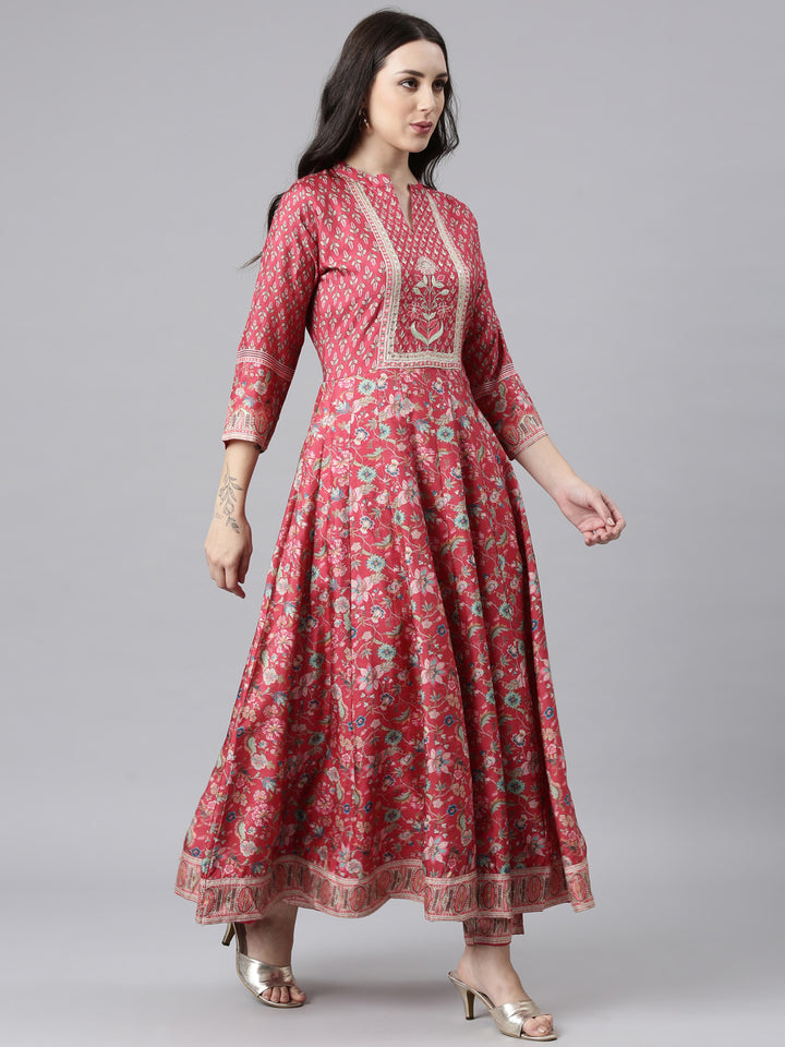 Neerus Pink raw silk anarkali suit set - back view