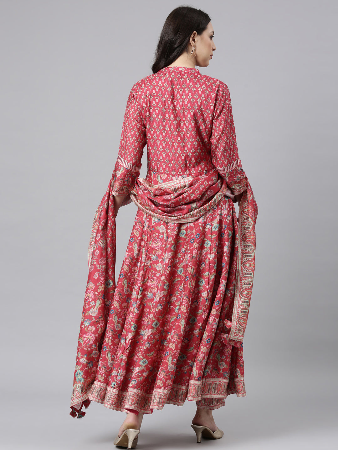 Neerus Pink raw silk anarkali suit set - side view