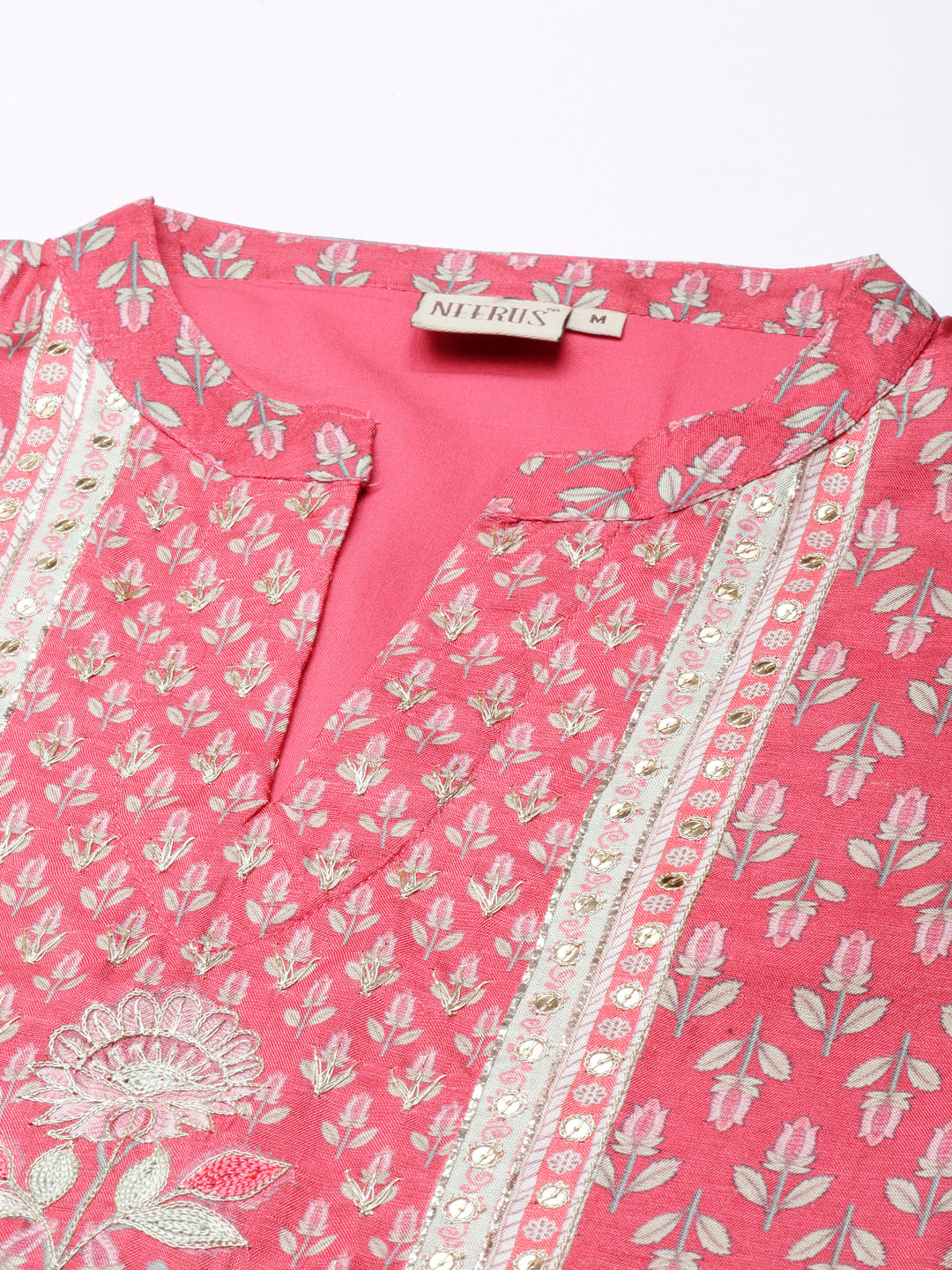 Neerus Pink raw silk anarkali suit set - detail view 1