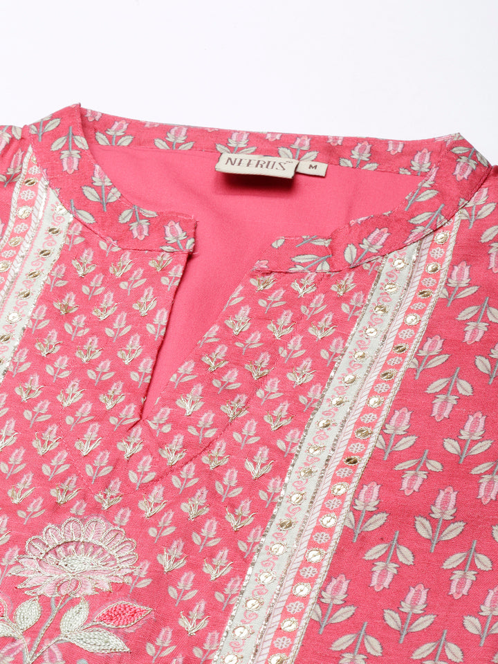 Neerus Pink raw silk anarkali suit set - detail view 1
