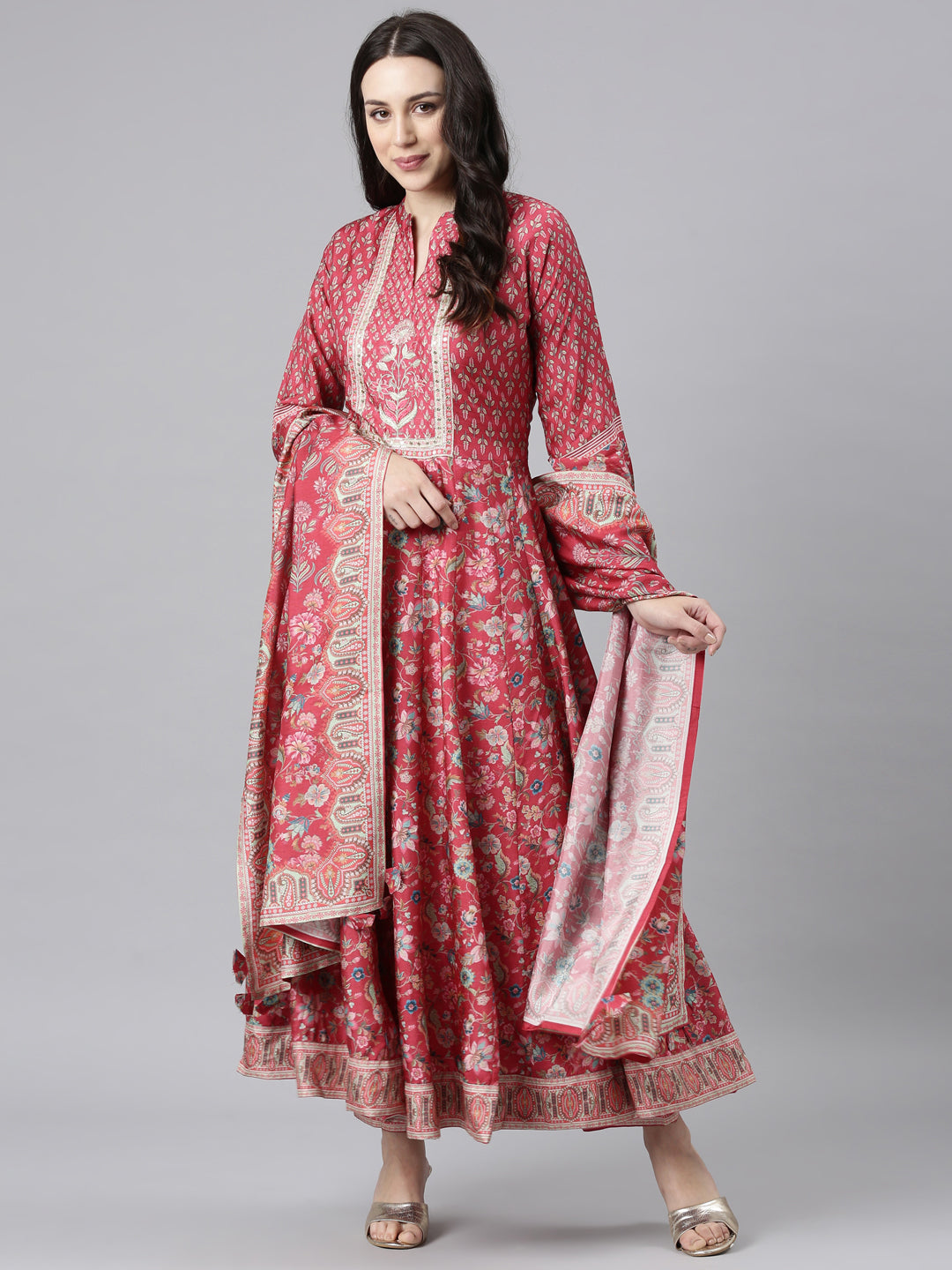 Neerus Pink raw silk anarkali suit set - detail view 2