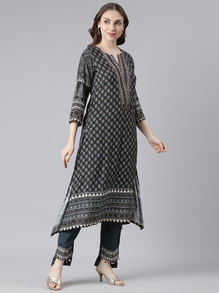 Neerus Black Santoon High-Low Casual Floral Kurta and Trouser with Dupatta