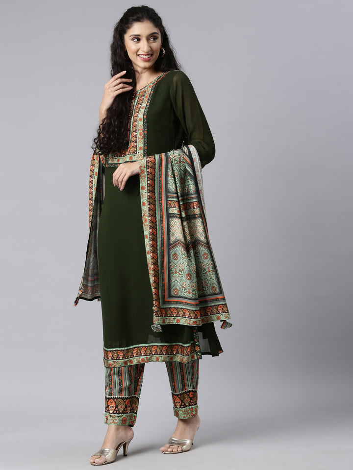 Neerus Green Panelled Straight Kurta and Trousers With Dupatta
