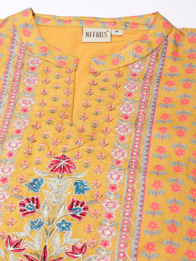 Neerus Mustard Regular Anarkali Kurta and Trousers With Dupatta