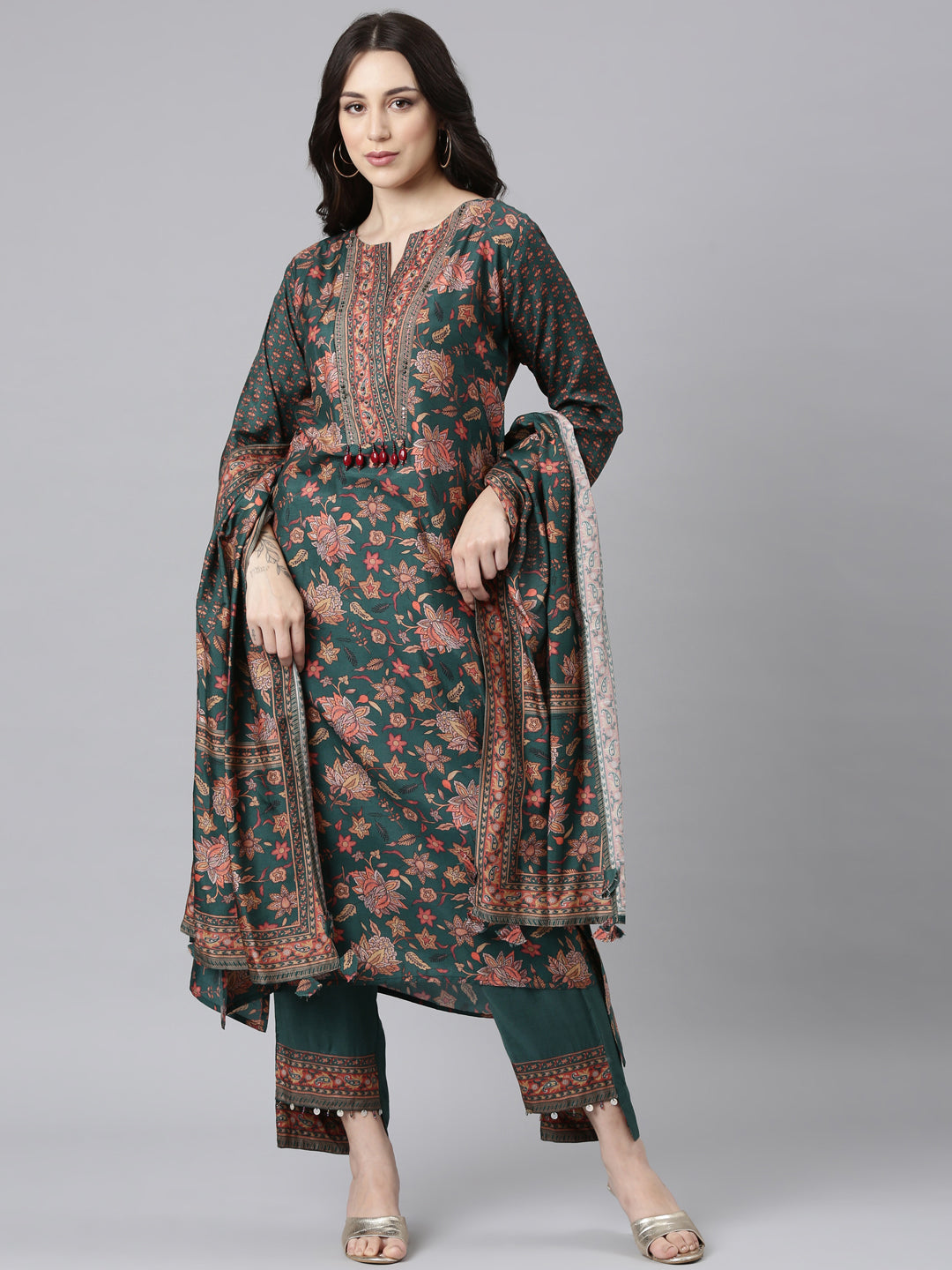 Neerus Green raw silk panelled straight suit set - front view