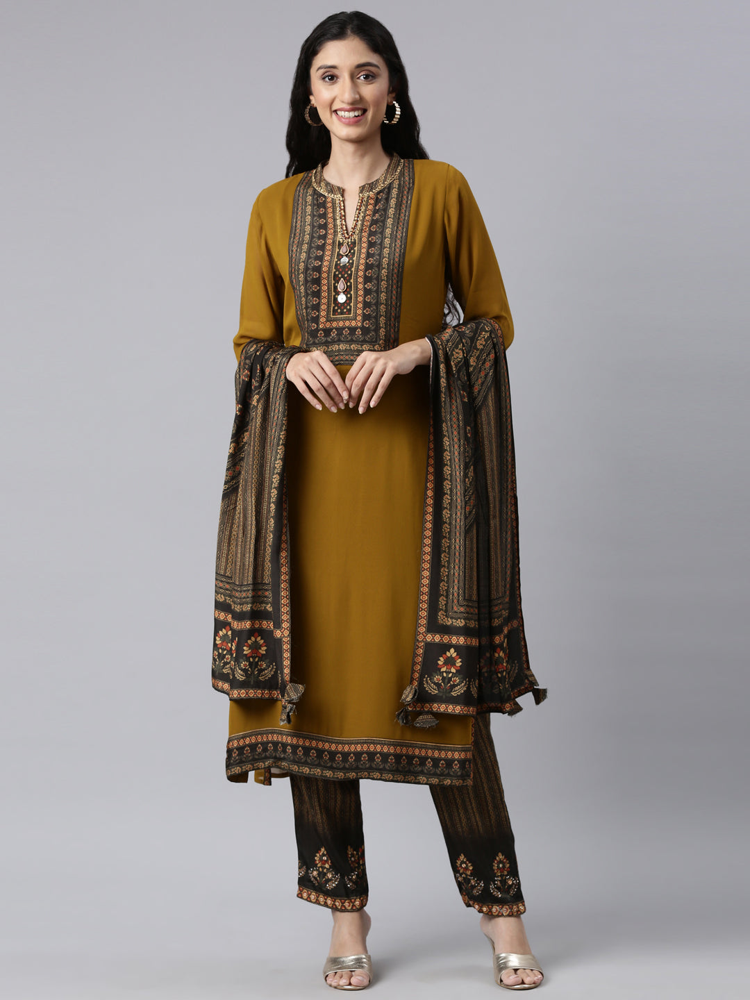 Neerus Green georgette straight suit set - front view