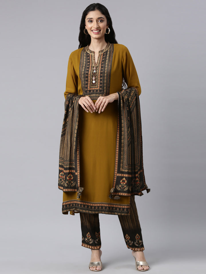 Neerus Green georgette straight suit set - front view