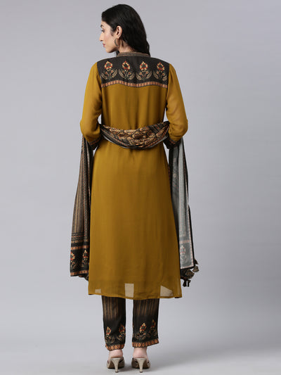 Neerus Green Panelled Straight Kurta and Trousers With Dupatta