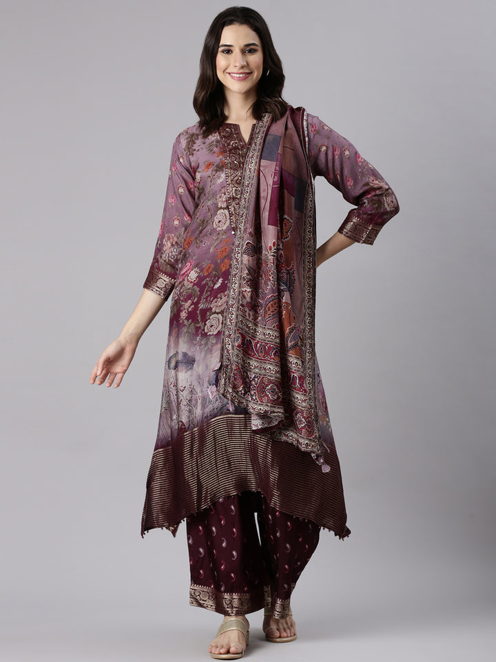 Grape Muslin A Line Cut Three Piece Set