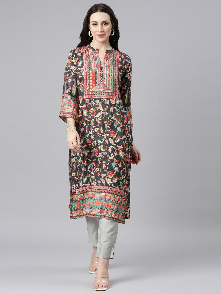 Neerus Grey printed floral straight kurta - front view