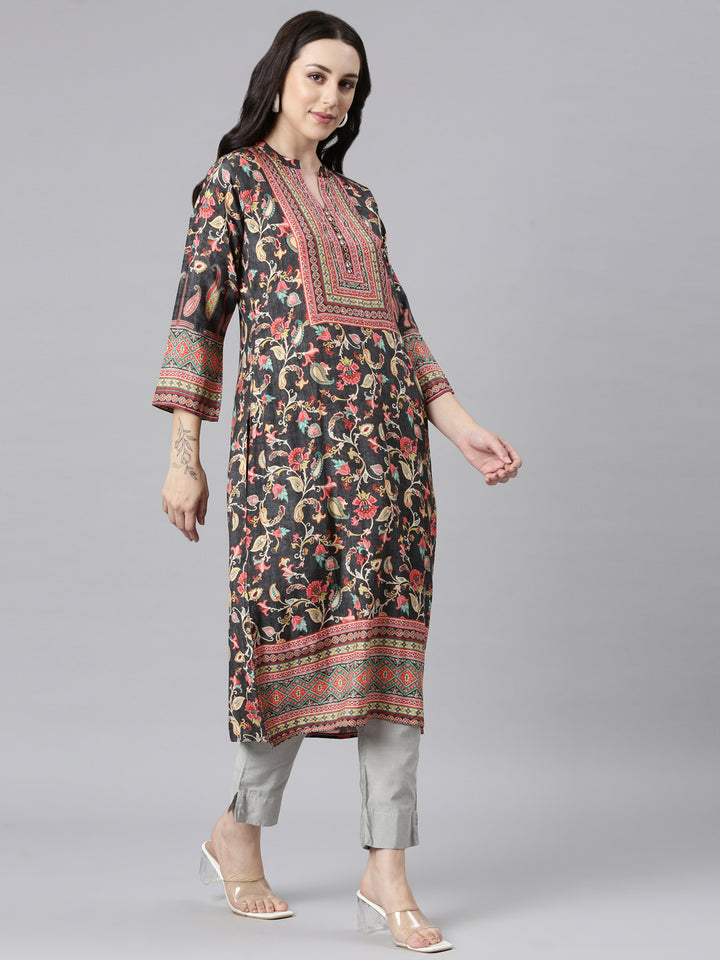Neerus Grey printed floral straight kurta - back view