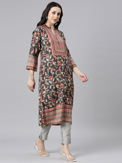 Neerus Grey Straight Casual Floral Kurtas