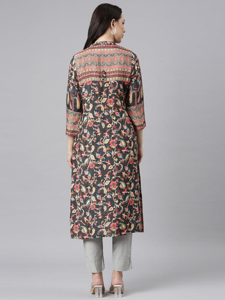 Neerus Grey printed floral straight kurta - side view