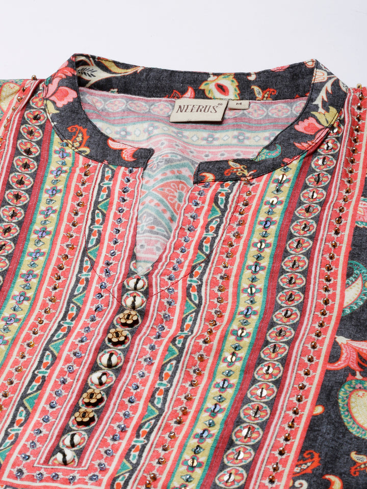 Neerus Grey printed floral straight kurta - detail view 1